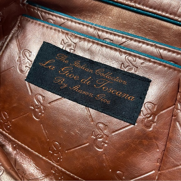 La Gioe di Toscana Turquoise Green Leather Shoulder Bag Carved Shell Accents - Picture 4 of 6